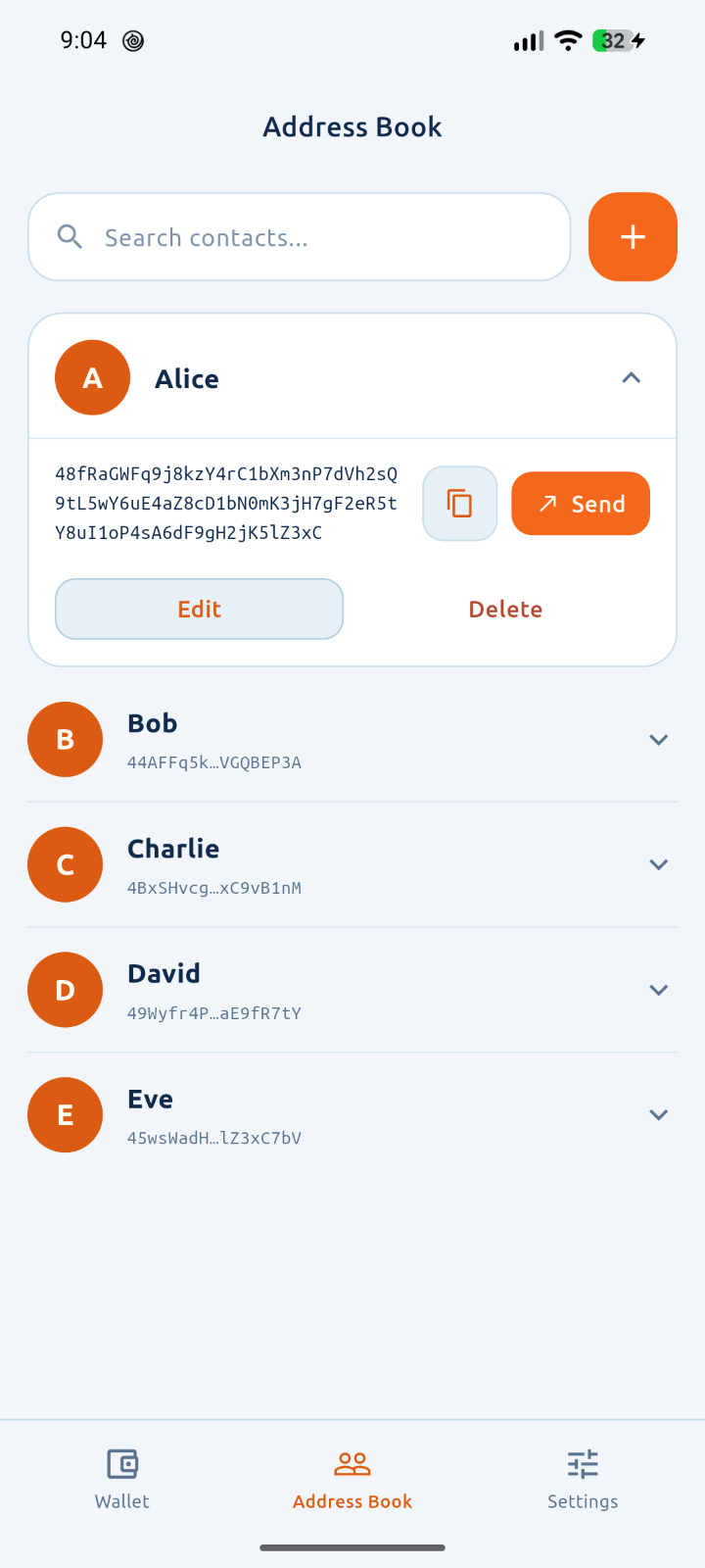 Skylight Wallet address book with saved contacts