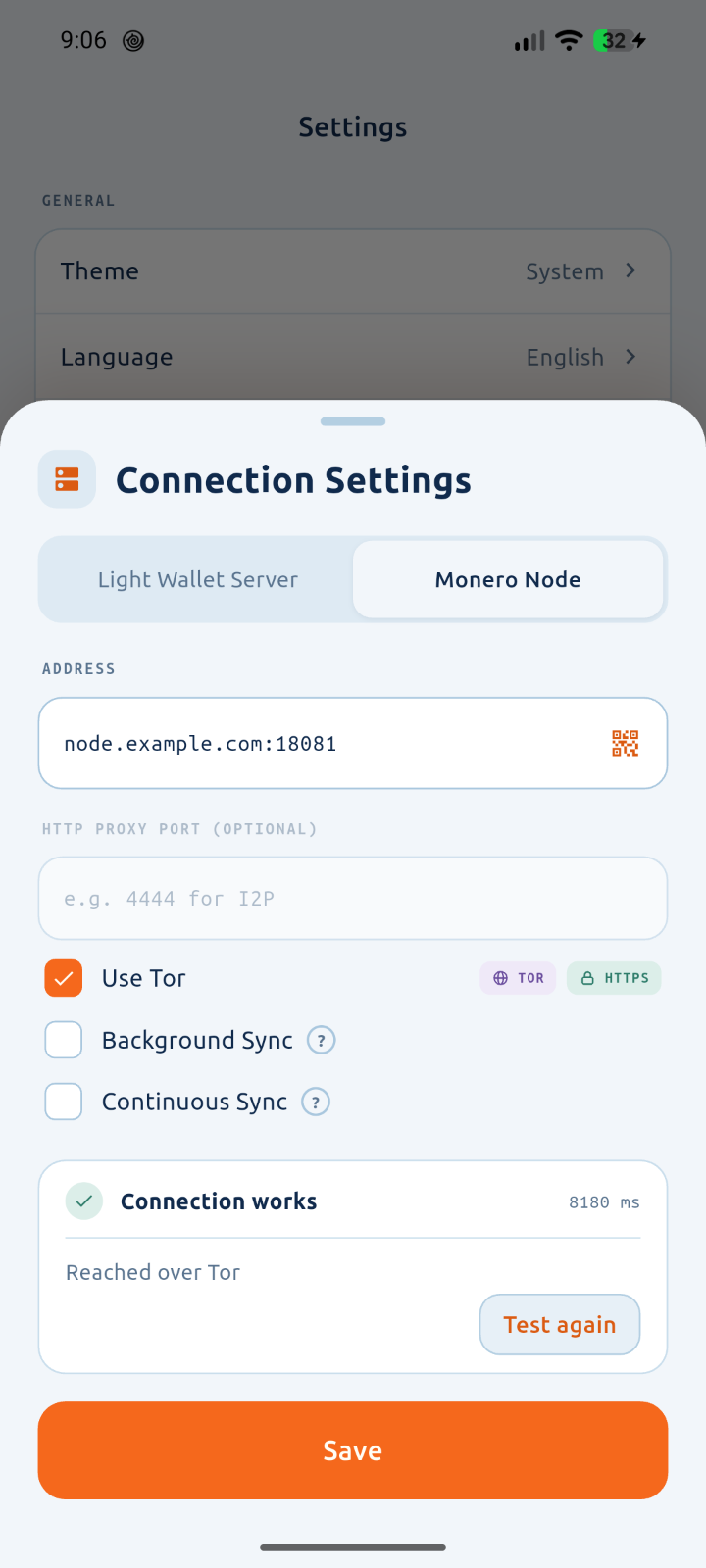 Skylight Wallet connection settings with light-wallet server and Monero node options