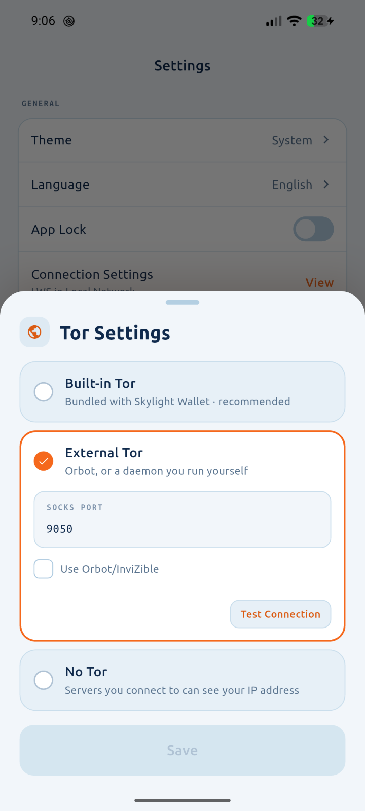 Skylight Wallet Tor settings with built-in Tor, external Tor, and no Tor options