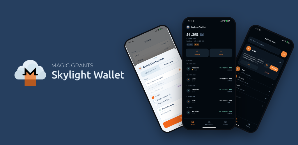 Skylight Wallet 2.0.0 feature graphic showing the redesigned connection settings, home, and address book screens